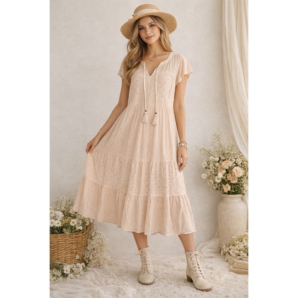 Kate & Sam Prairie Cottagecore Peasant Dress Womens Boho Eyelet‎ Midi Tassel